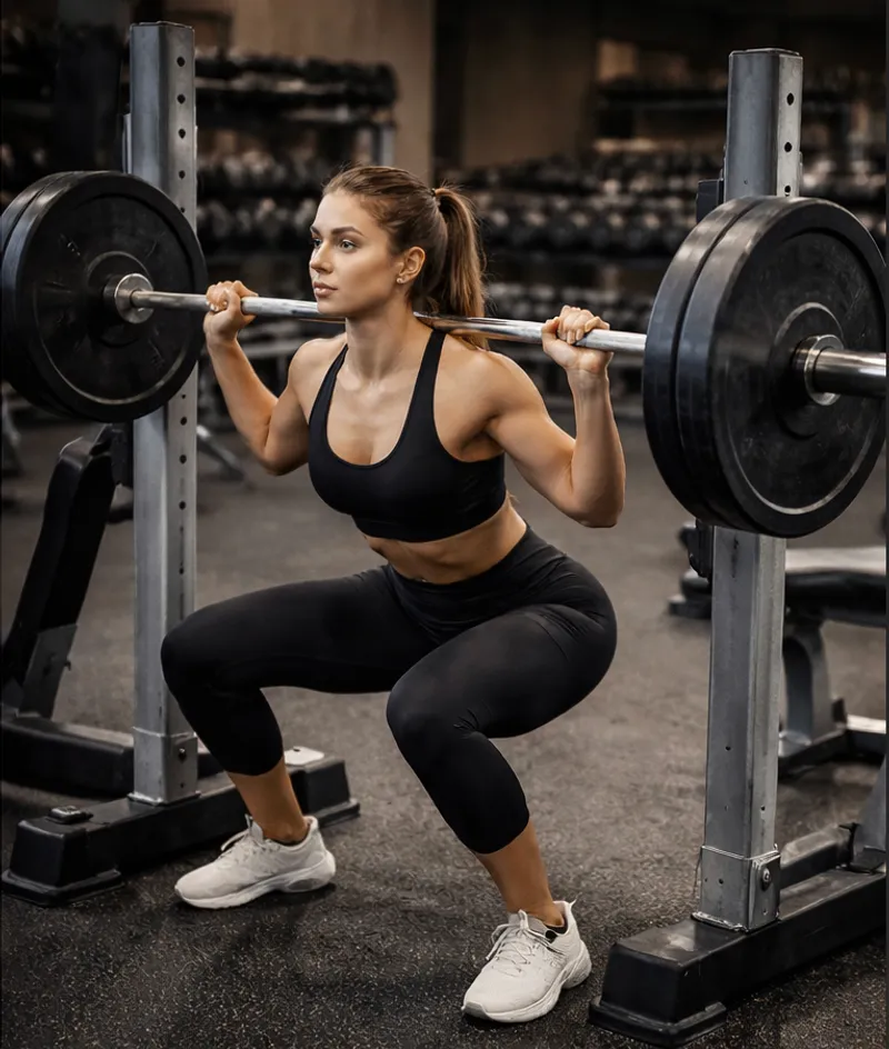 Woman performing a barbell squat with proper coached form