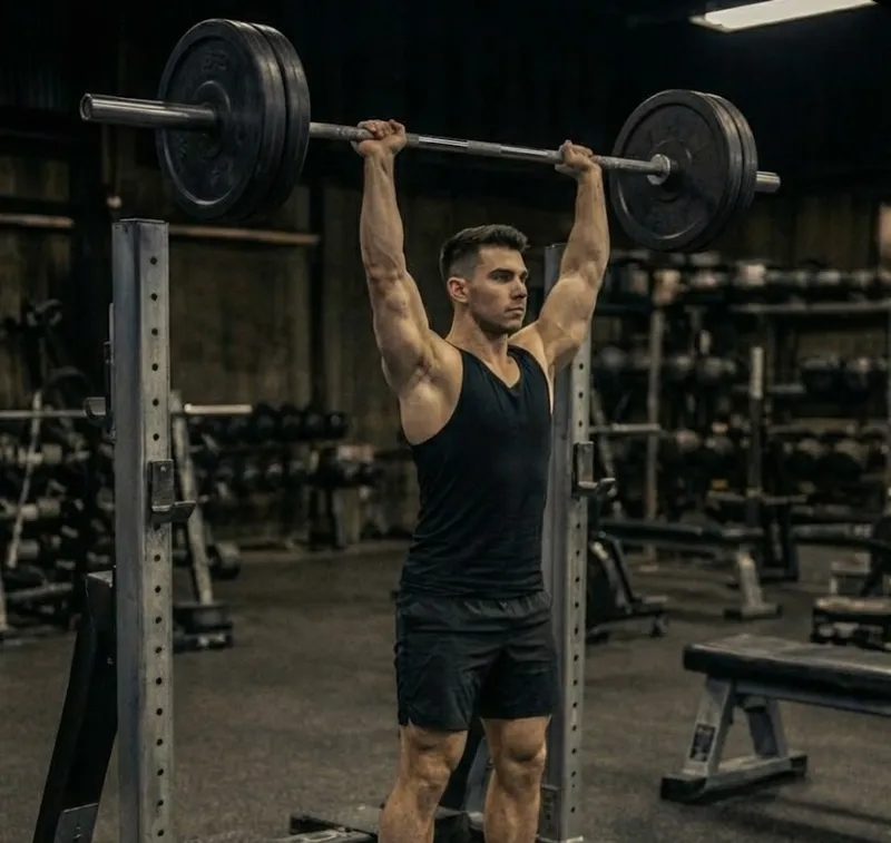 Man performing a barbell overhead press with proper coached form
